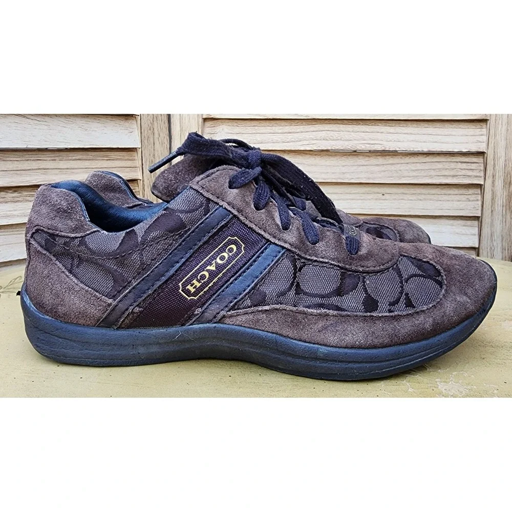 Coach Sz 8.5 Brown Suede Canvas Roxann Logo Signature Monogram Sneakers F2460